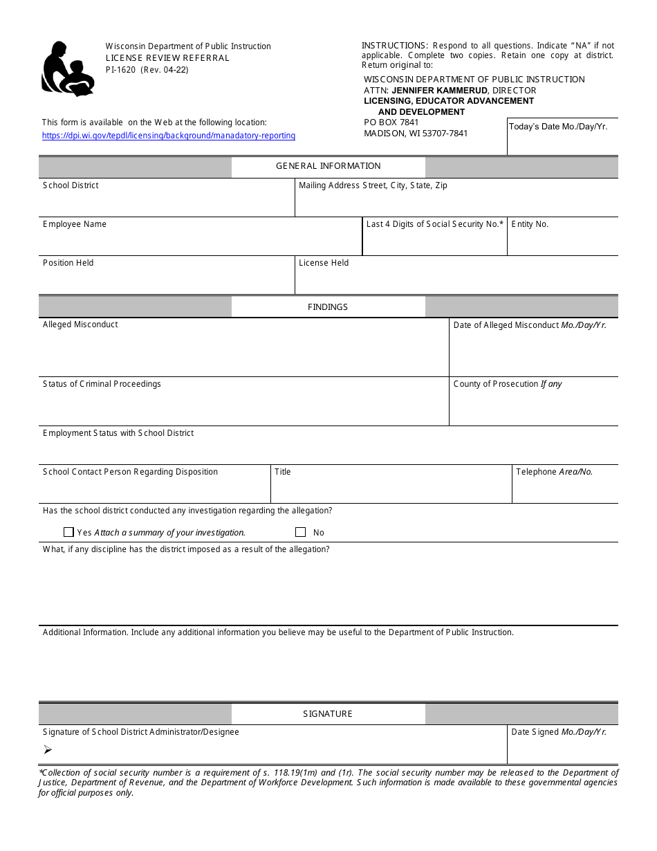 Form PI-1620 License Review Referral - Wisconsin, Page 1