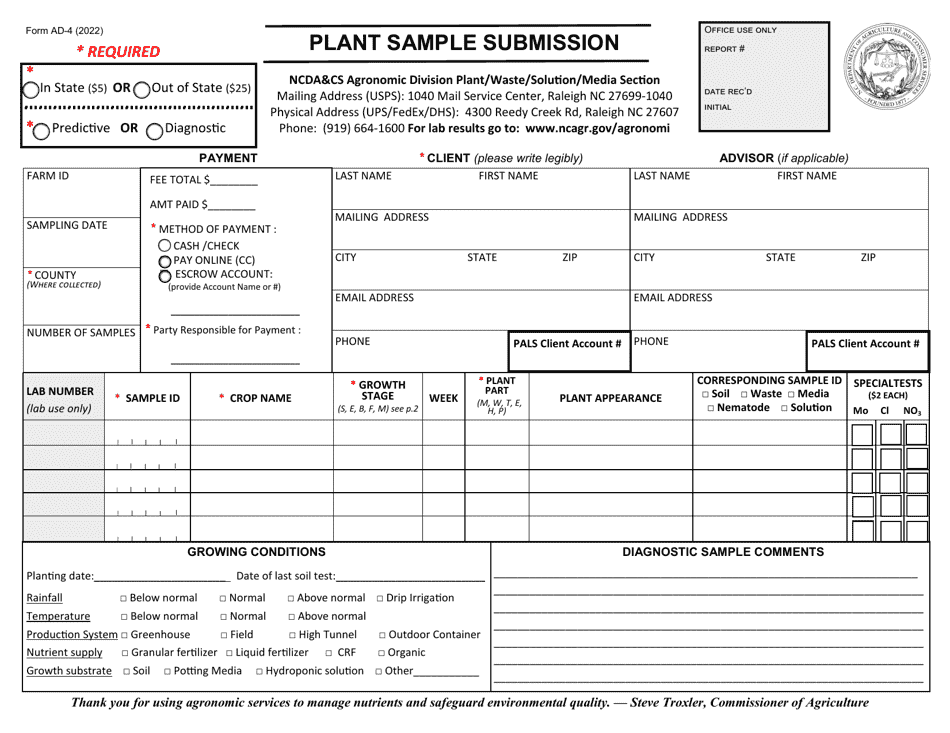 Form AD-4 Plant Sample Submission - North Carolina, Page 1