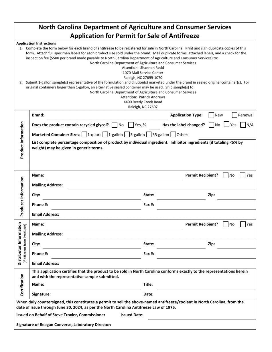 Application for Permit for Sale of Antifreeze - North Carolina, Page 3