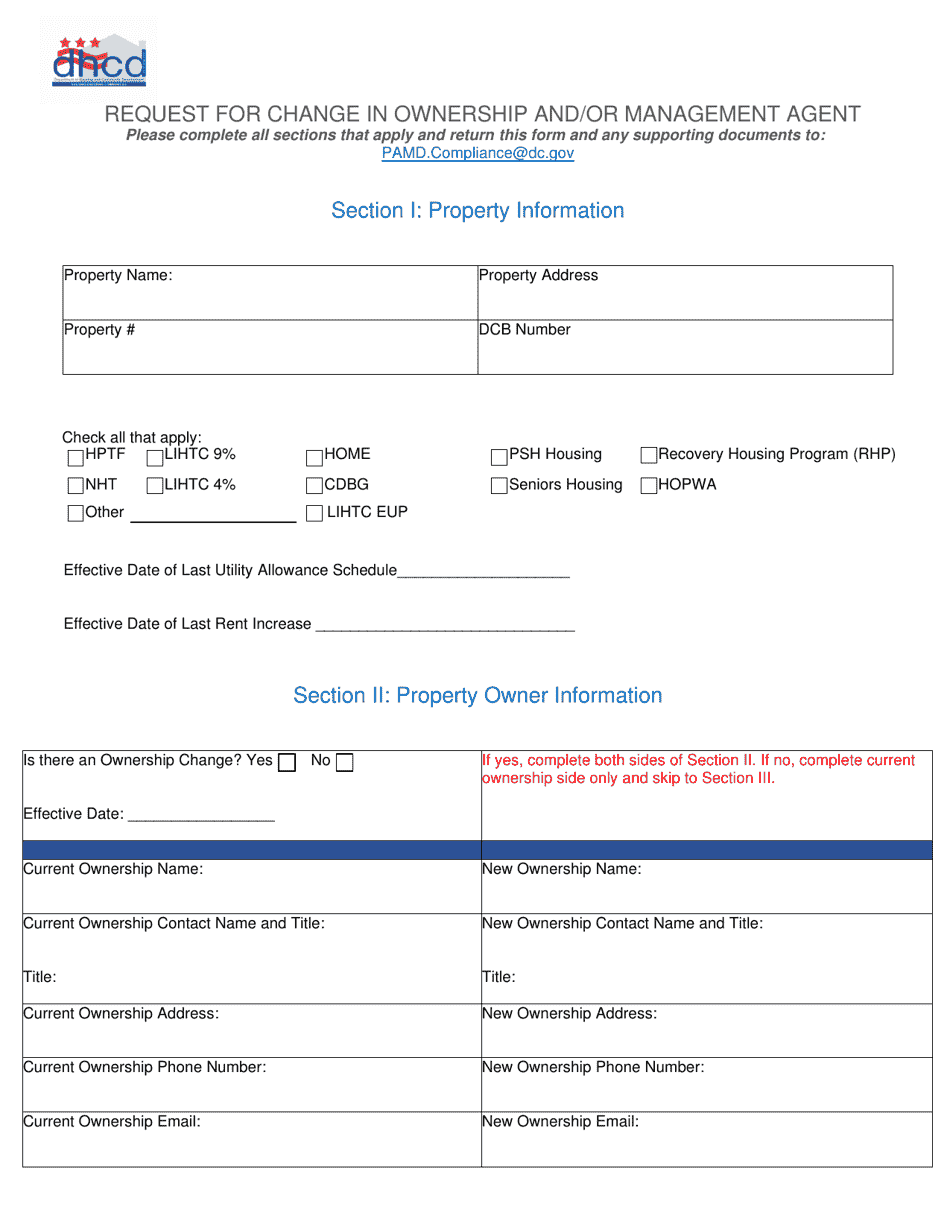 Request for Change in Ownership and / or Management Agent - Washington, D.C., Page 1