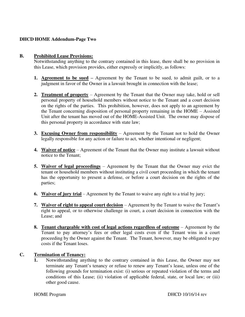 Home Addendum to Lease - Home Program - Washington, D.C., Page 2