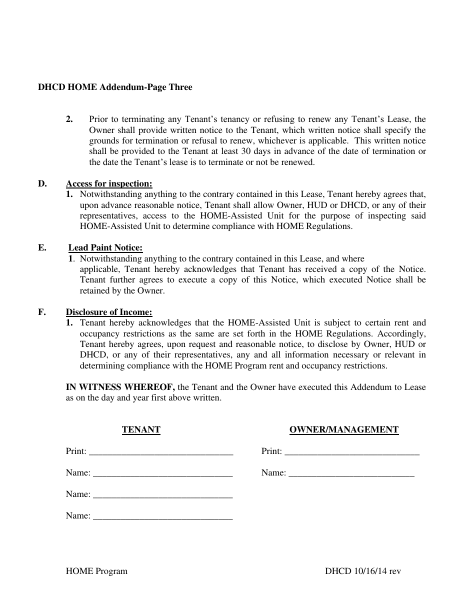 Home Addendum to Lease - Home Program - Washington, D.C., Page 3