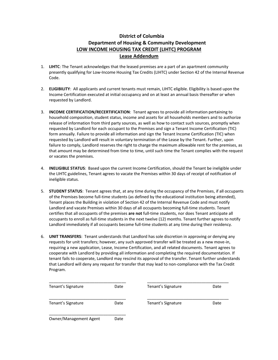 Lease Addendum - Low Income Housing Tax Credit (LIHTC) Program - Washington, D.C., Page 1