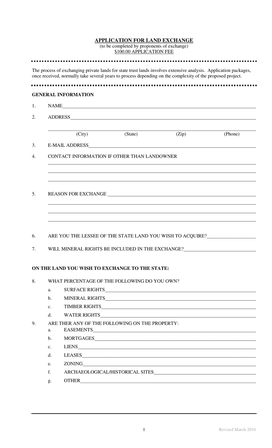 Application for Land Exchange - Montana, Page 1