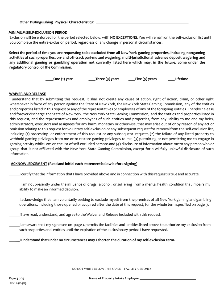 Request for Voluntary Self-exclusion From All Gaming Facilities and Entities Licensed, Permitted or Registered by the New York State Gaming Commission - New York, Page 3