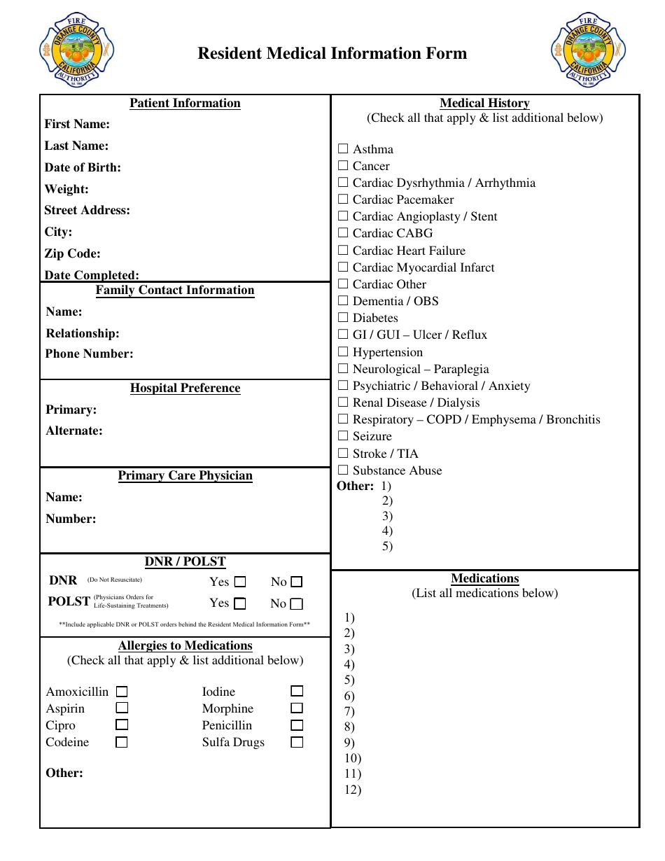 Resident Medical Information Form - Orange County, California, Page 1