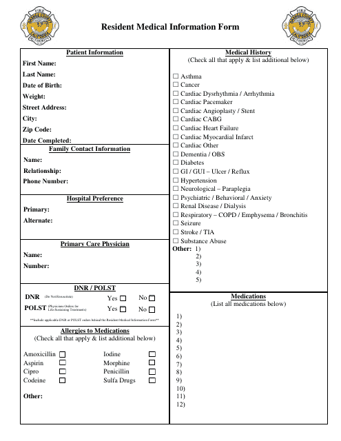 Resident Medical Information Form - Orange County, California Download Pdf