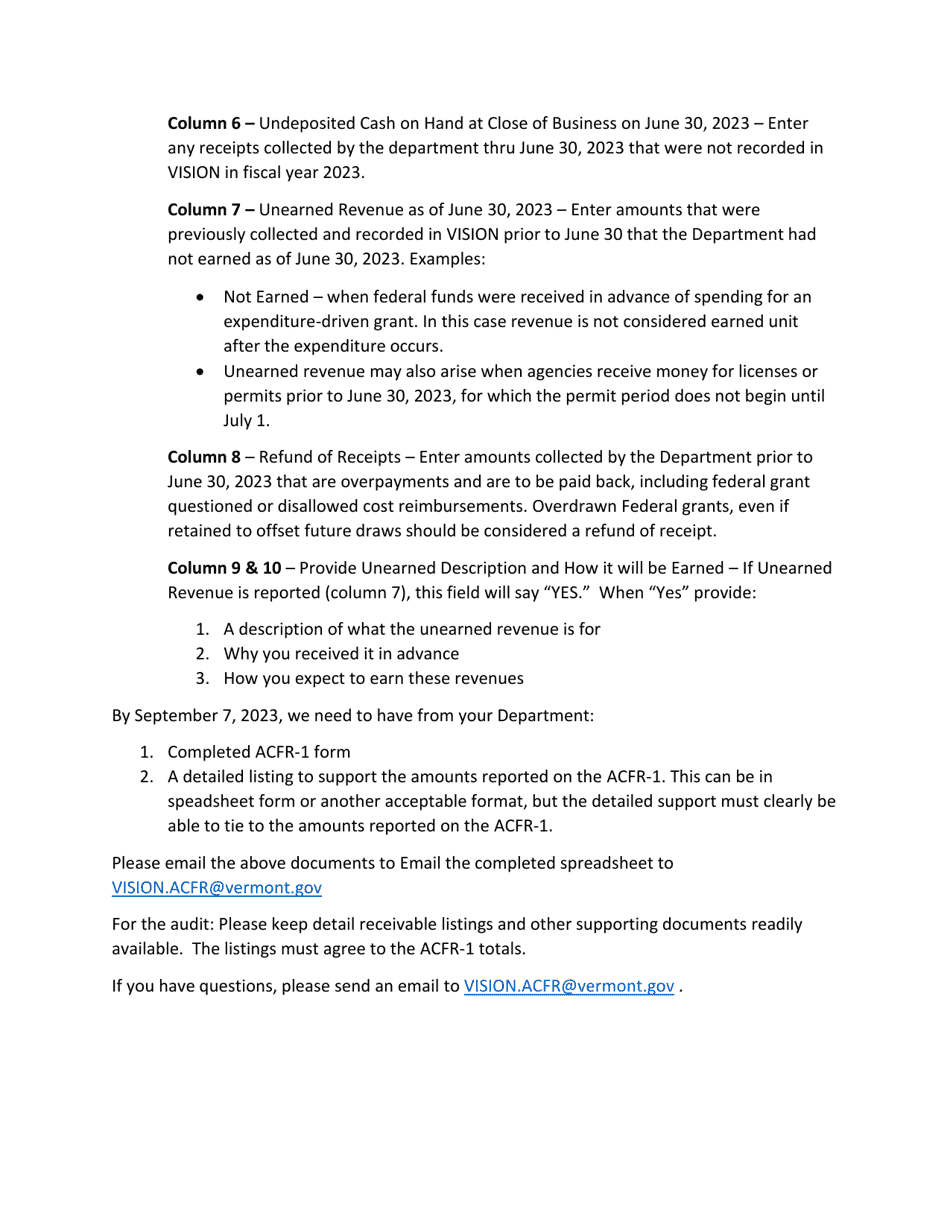 Instructions for Form ACFR-1 Accounts Receivable - Vermont, Page 3