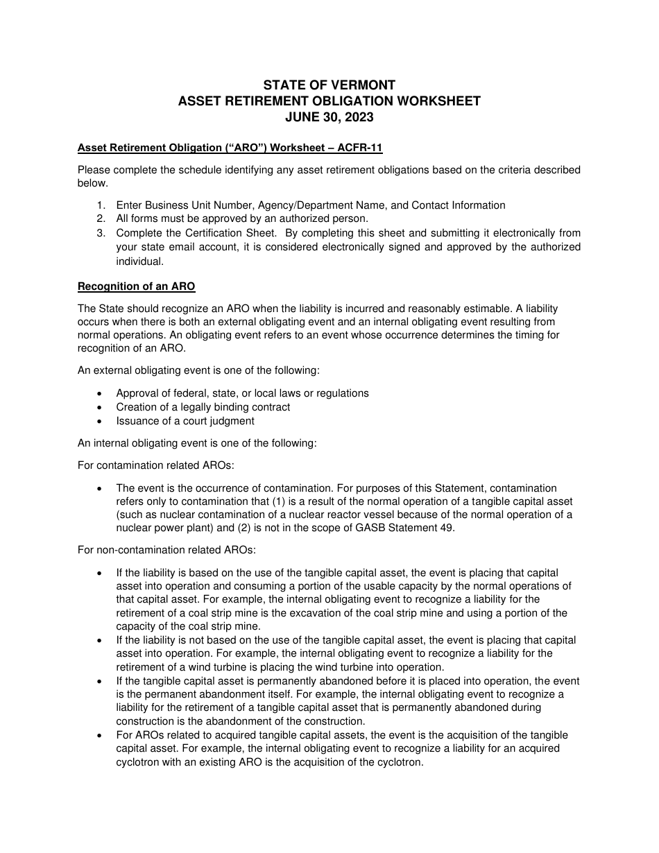 Instructions for Form ACFR-11 Asset Retirement Obligation Worksheet - Vermont, Page 1