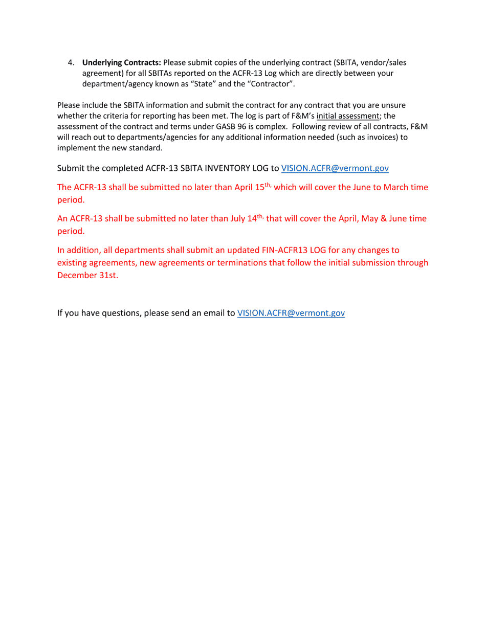 Instructions for Form ACFR-13 Inventory Log for Subscription-Based Information Technology Arrangements (Sbita) - Vermont, Page 4