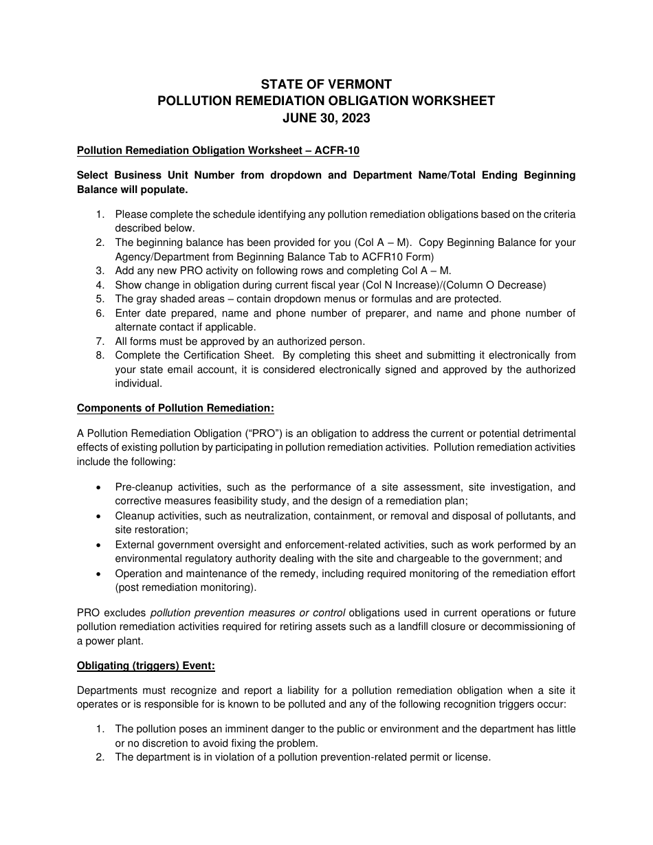 Form ACFR-10 Pollution Remediation Obligation Worksheet - Vermont, Page 1