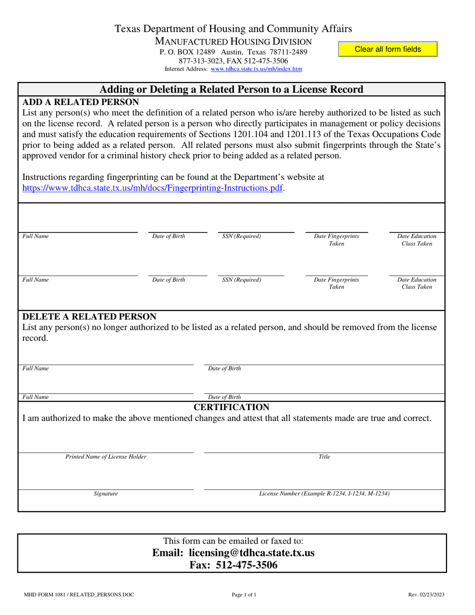 MHD Form 1081 Adding or Deleting a Related Person to a License Record - Texas, Page 1