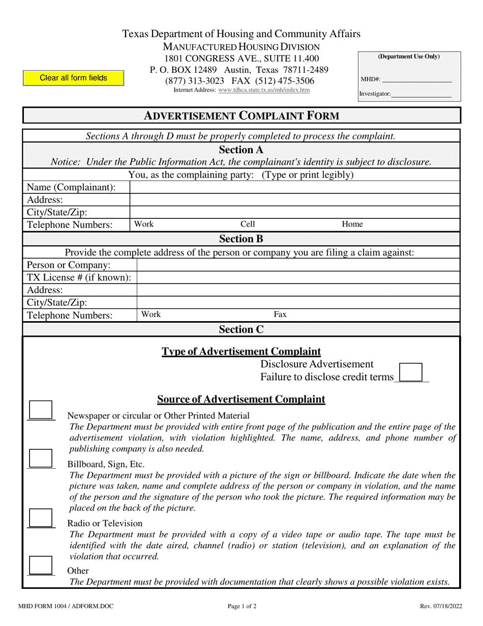 MHD Form 1004 Advertisement Complaint Form - Texas, Page 1