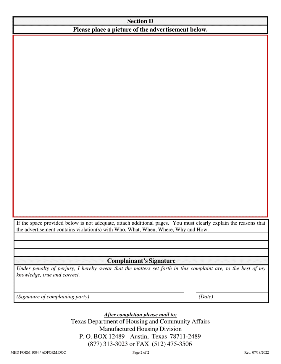MHD Form 1004 Advertisement Complaint Form - Texas, Page 2