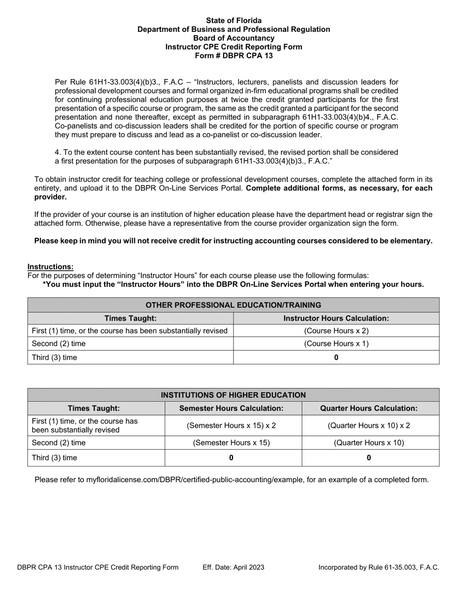 Form DBPR CPA13 Instructor Cpe Credit Reporting Form - Florida, Page 1