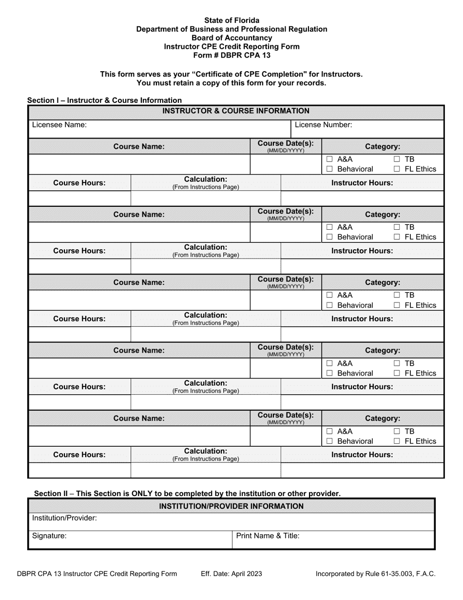 Form DBPR CPA13 Instructor Cpe Credit Reporting Form - Florida, Page 2