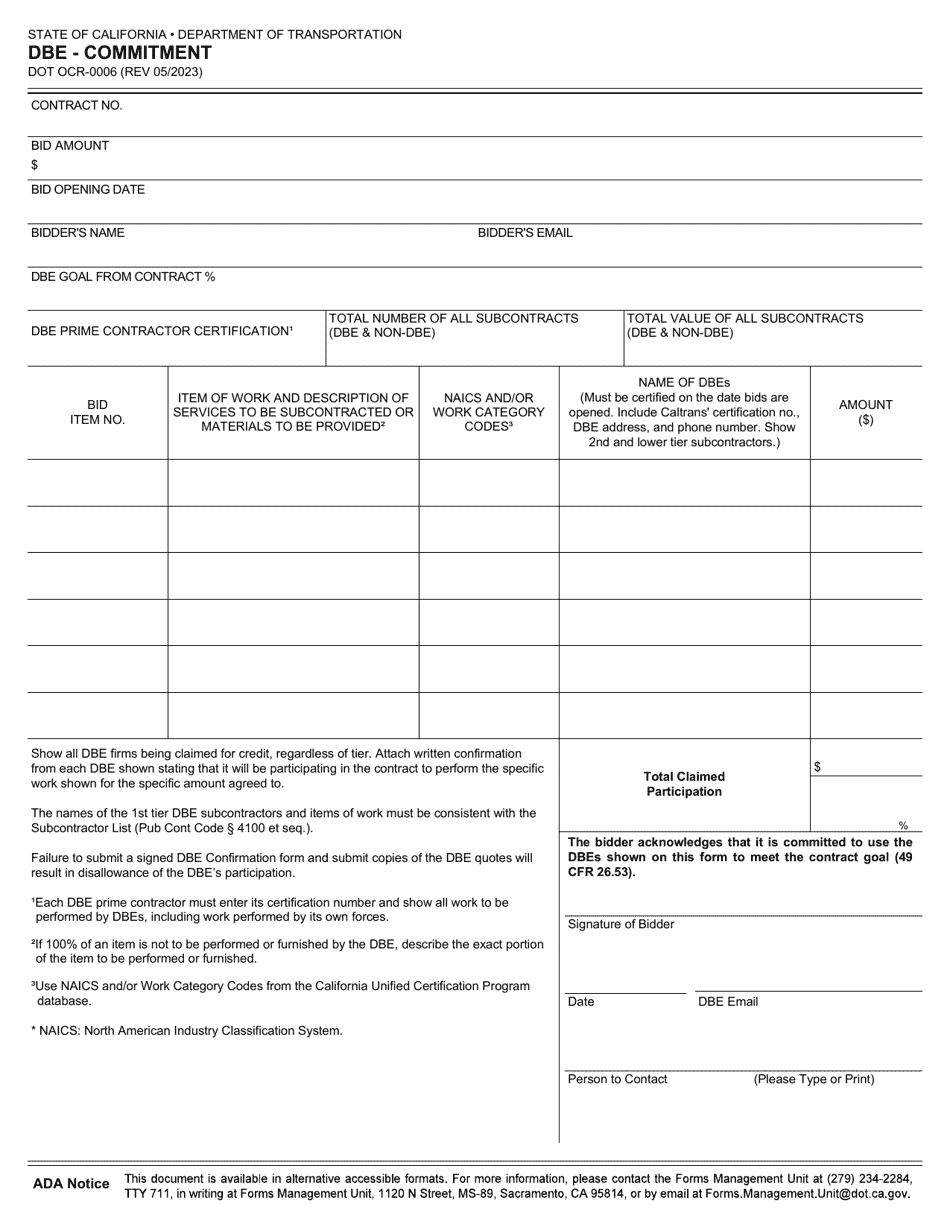 Form DOT OCR-0006 Dbe - Commitment - California, Page 1