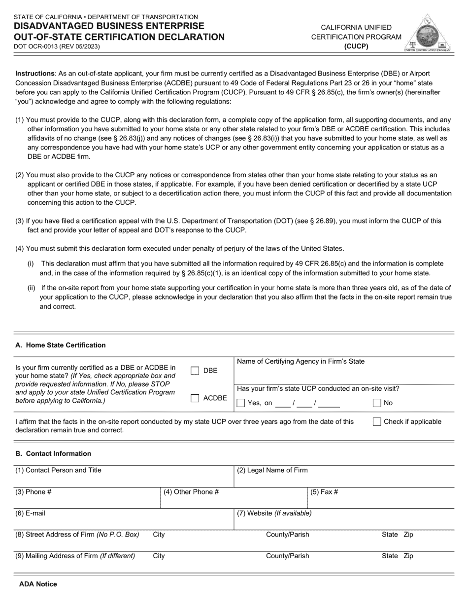 Form DOT OCR-0013 Disadvantaged Business Enterprise Out-of-State Certification Declaration - California, Page 1