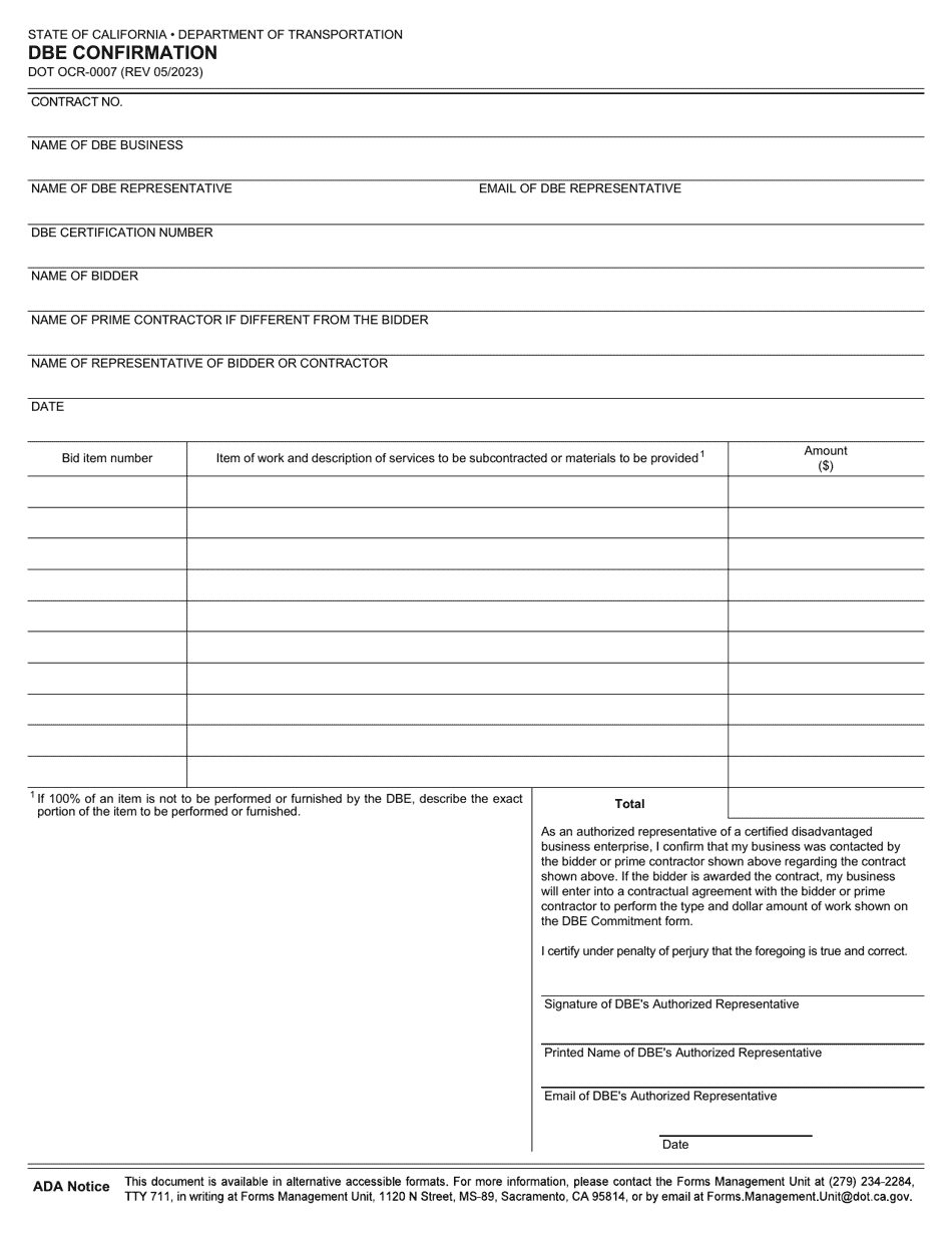 Form DOT OCR-0007 Dbe Confirmation - California, Page 1