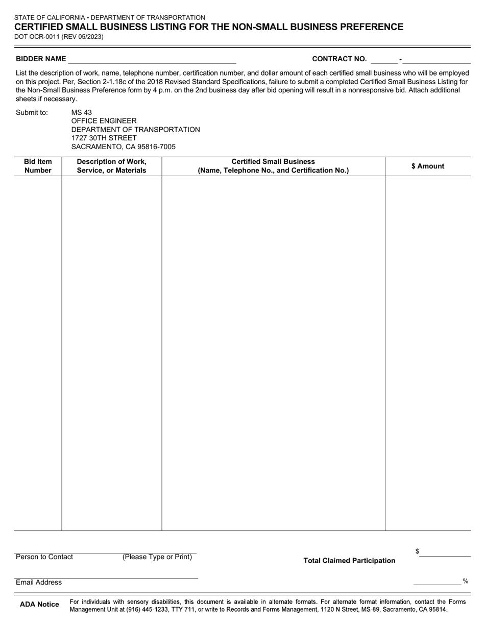 Form DOT OCR-0011 Certified Small Business Listing for the Non-small Business Preference - California, Page 1