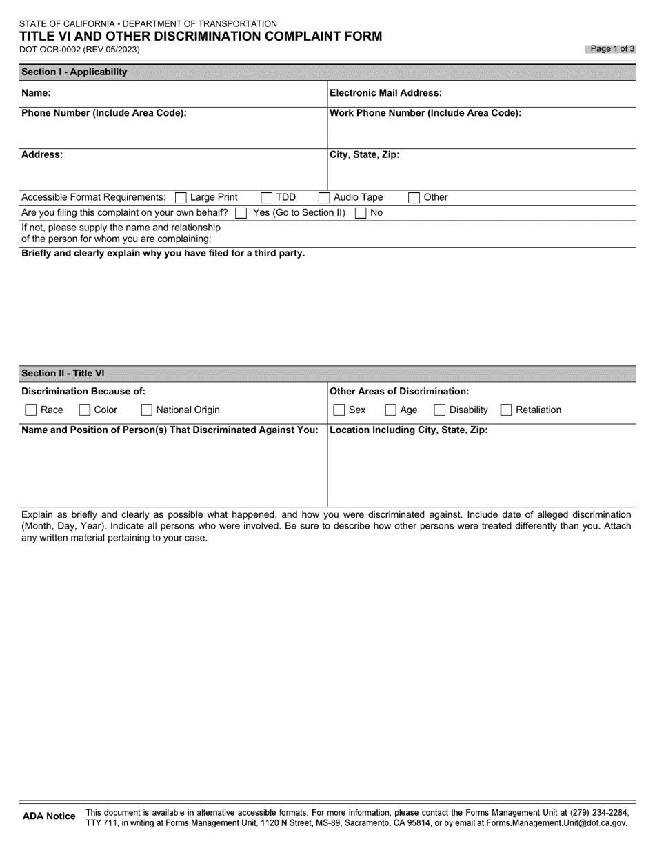 Form DOT OCR-0002 Title VI and Other Discrimination Complaint Form - California, Page 1