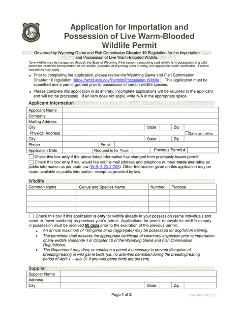 Application for Importation and Possession of Live Warm-Blooded Wildlife Permit - Wyoming Download Pdf
