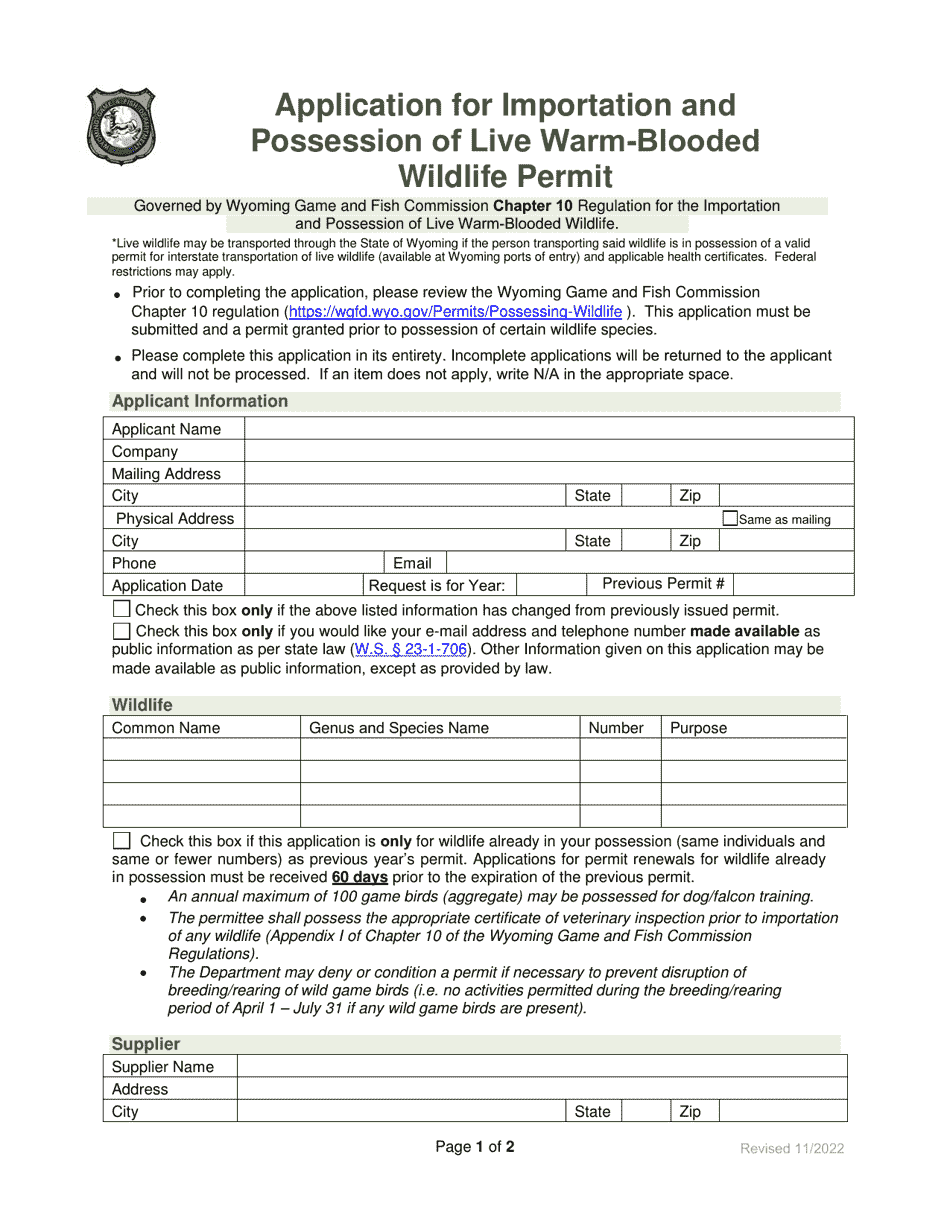 Application for Importation and Possession of Live Warm-Blooded Wildlife Permit - Wyoming, Page 1