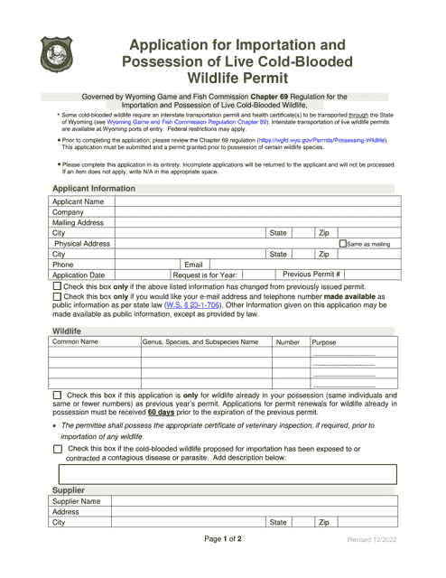 Application for Importation and Possession of Live Cold-Blooded Wildlife Permit - Wyoming