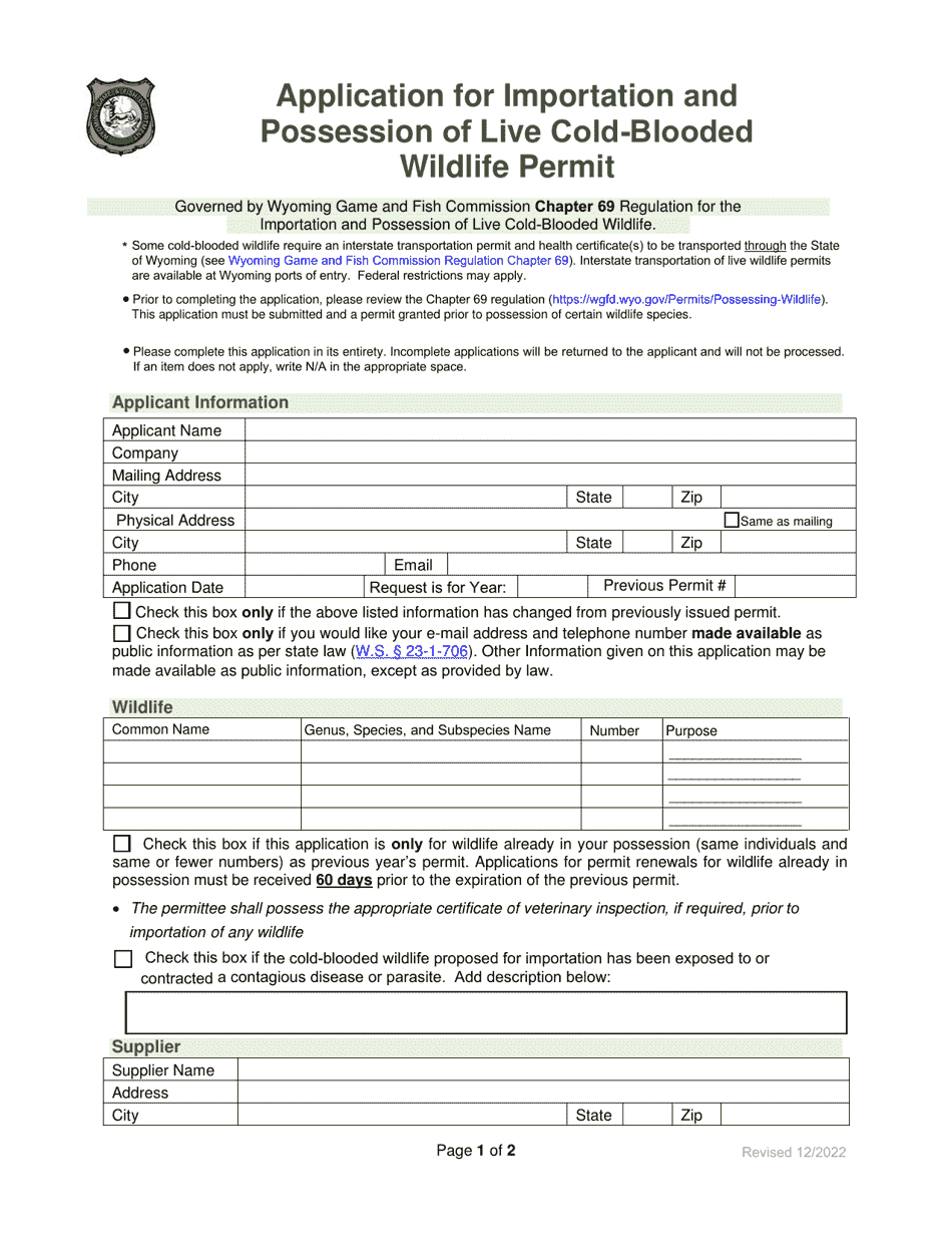 Application for Importation and Possession of Live Cold-Blooded Wildlife Permit - Wyoming, Page 1