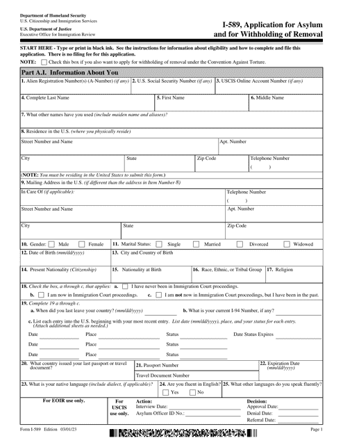 Uscis Form I 589 Download Fillable Pdf Or Fill Online Application For Asylum And For Withholding 0627