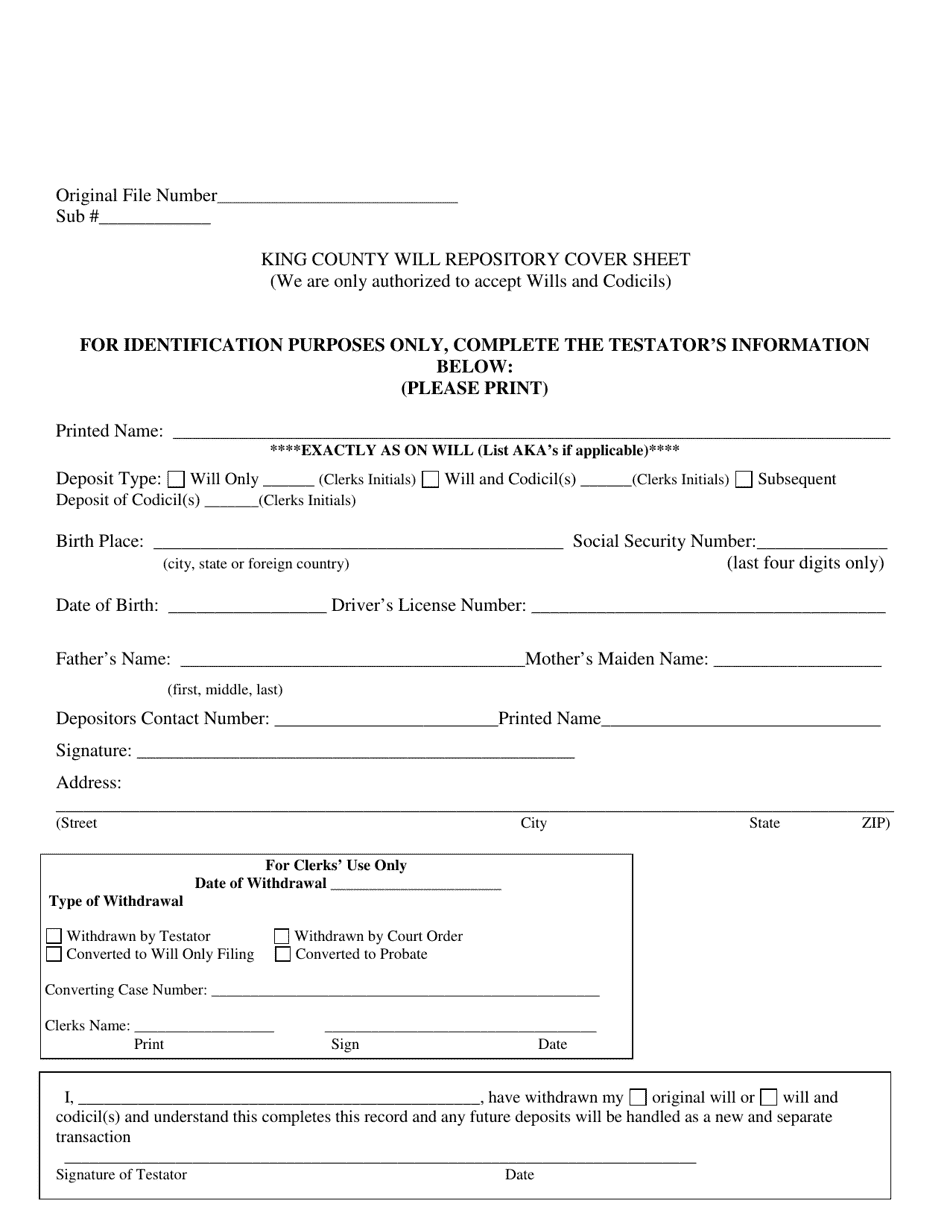 King County, Washington Will Repository Cover Sheet Fill Out, Sign