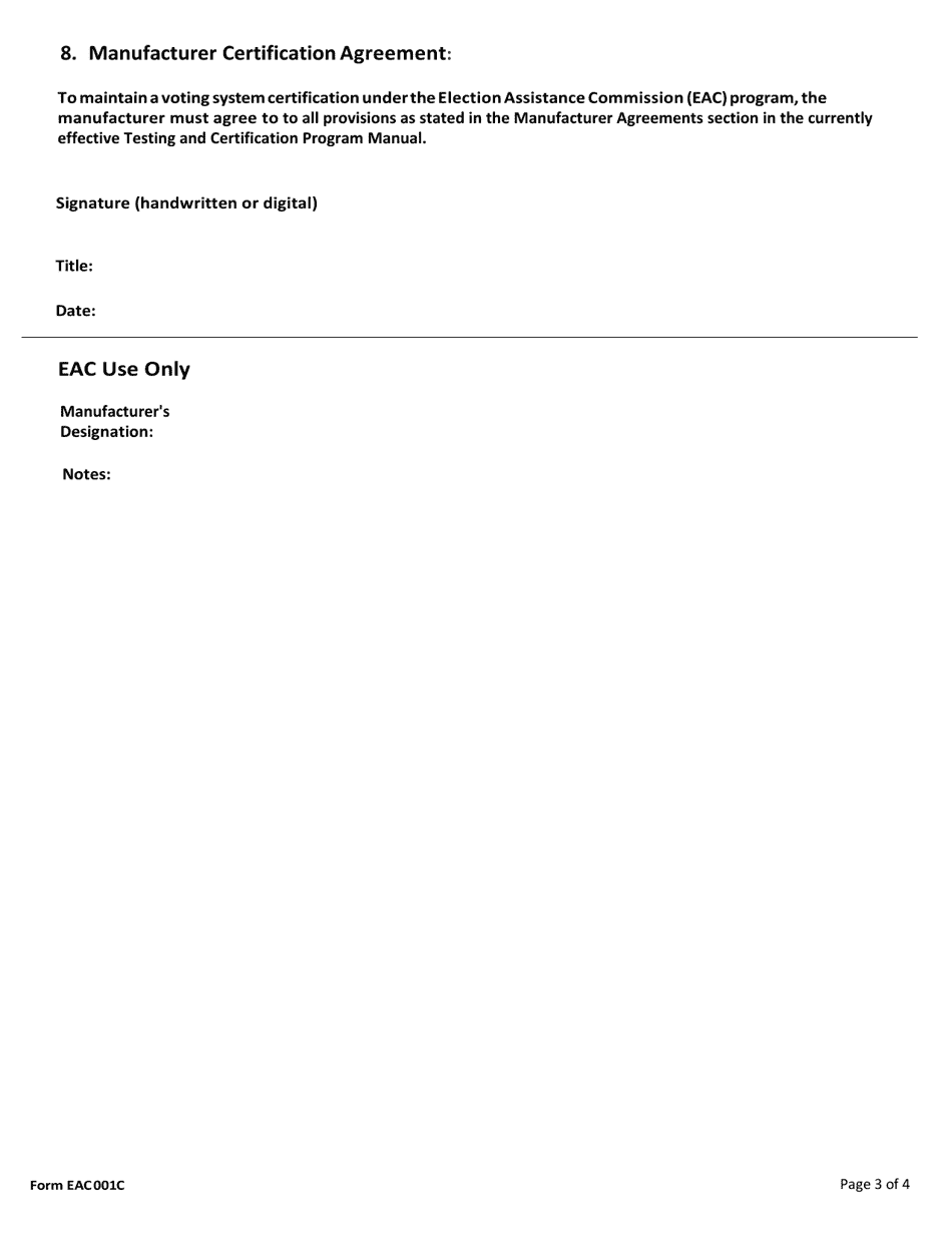 Form EAC001C Manufacturer Registration Application, Page 3