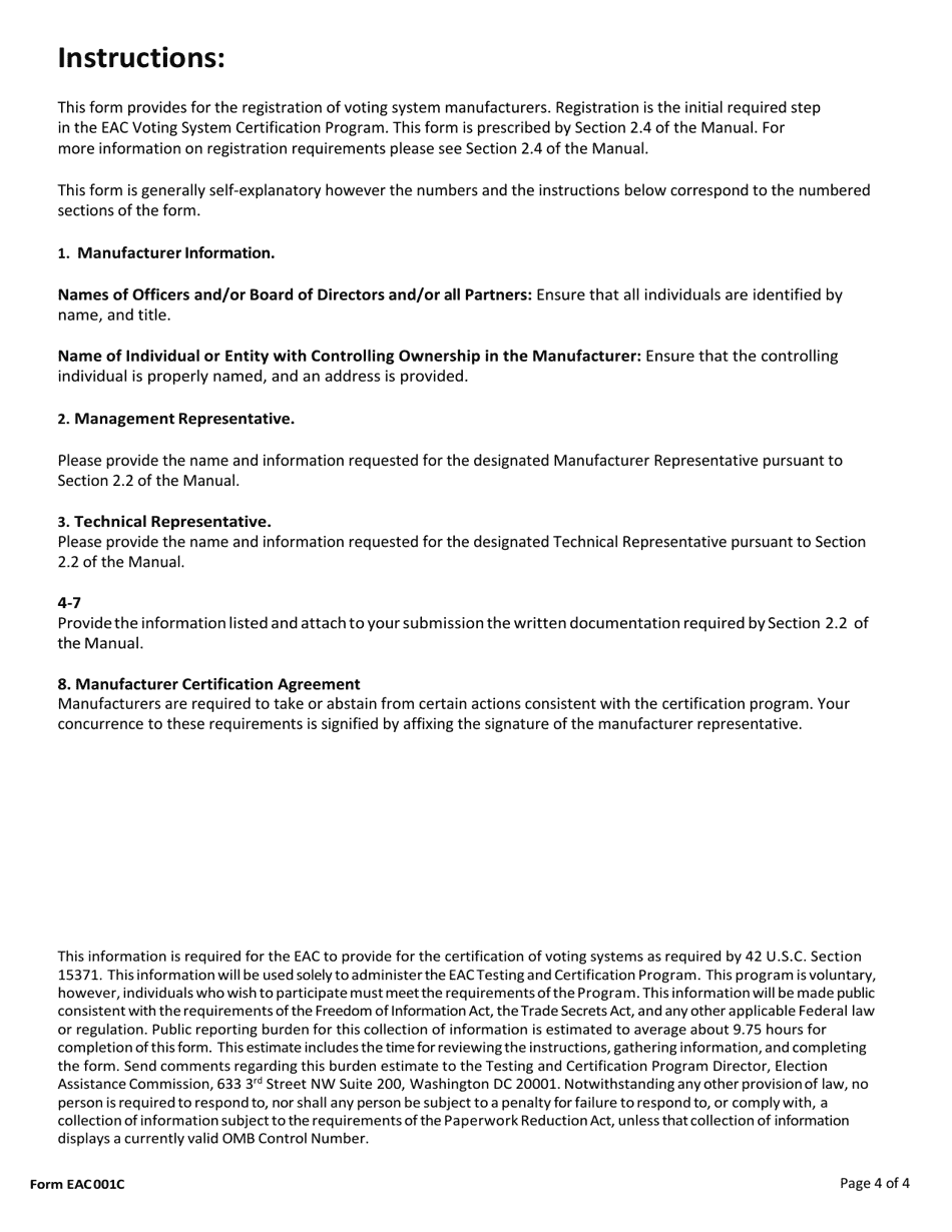 Form EAC001C Manufacturer Registration Application, Page 4