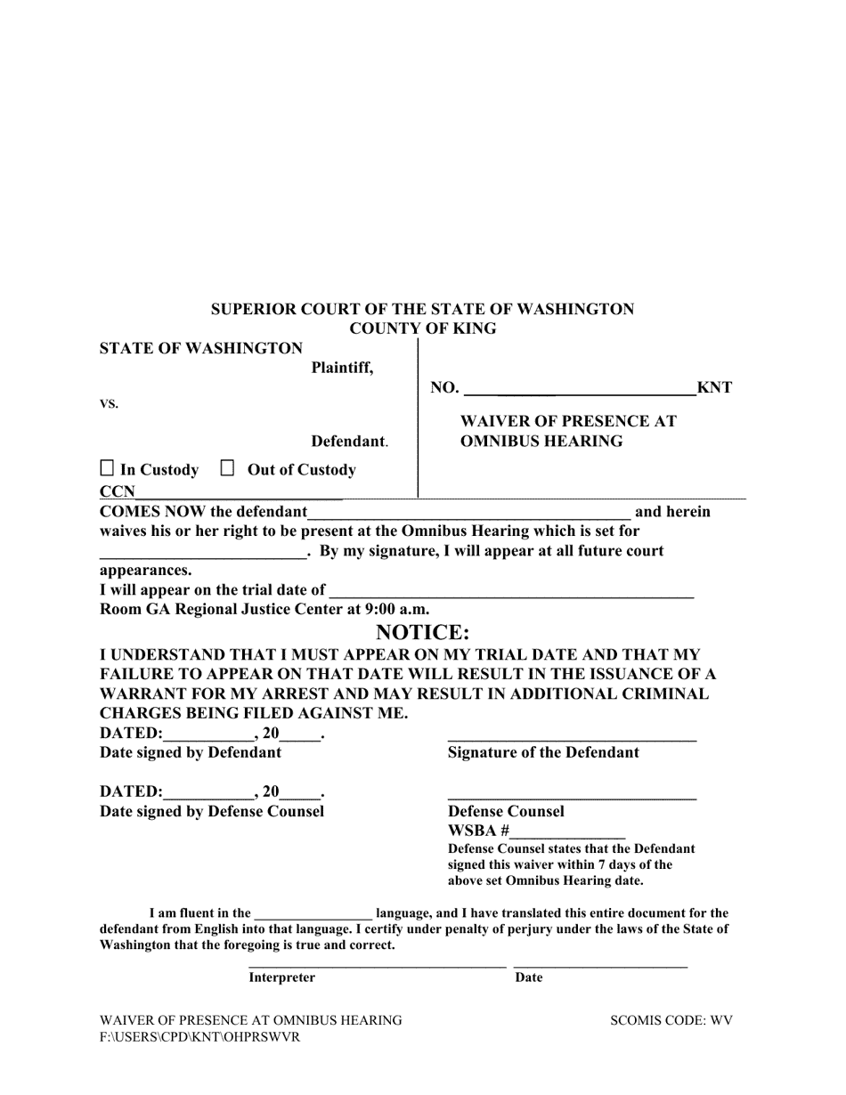 Waiver of Presence at Omnibus Hearing - King County, Washington, Page 1