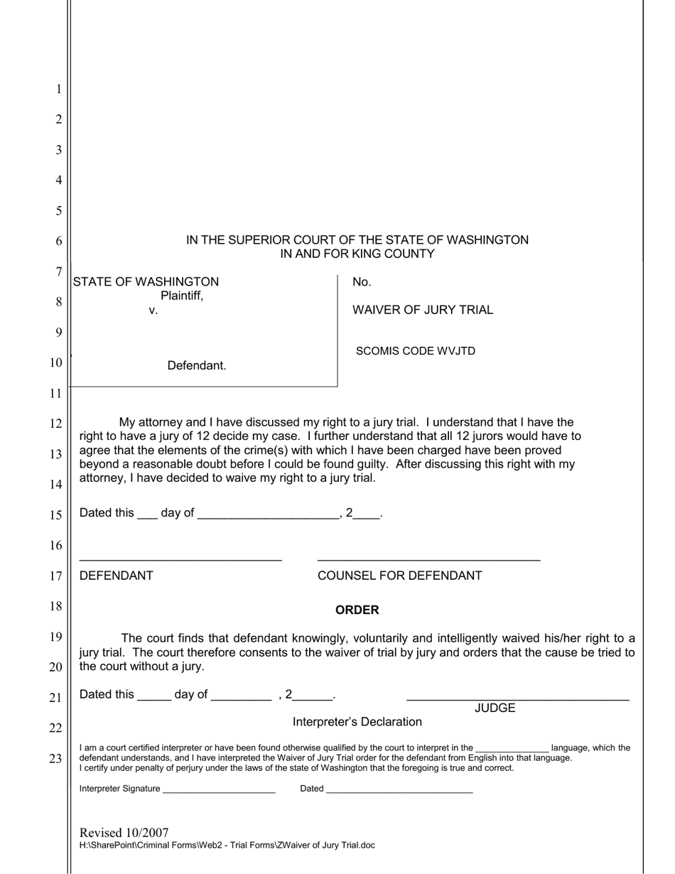 Waiver of Jury Trial - King County, Washington, Page 1