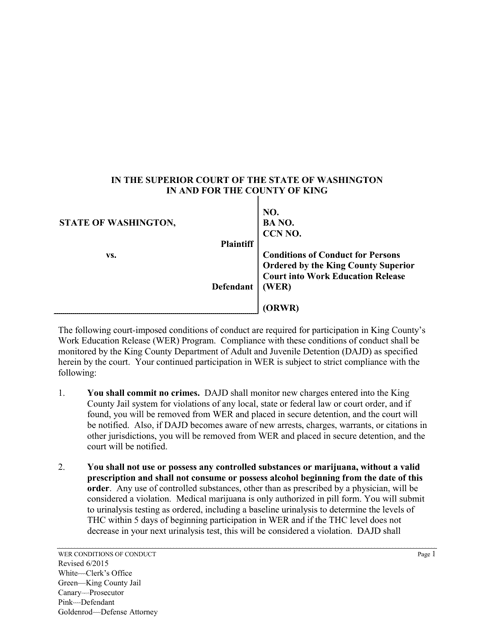 Conditions of Conduct for Persons Ordered by the King County Superior Court Into Work Education Release (Wer) (Orwr) - King County, Washington Download Pdf