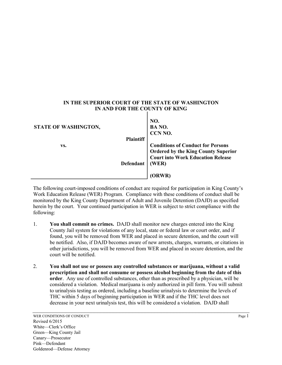 Conditions of Conduct for Persons Ordered by the King County Superior Court Into Work Education Release (Wer) (Orwr) - King County, Washington, Page 1