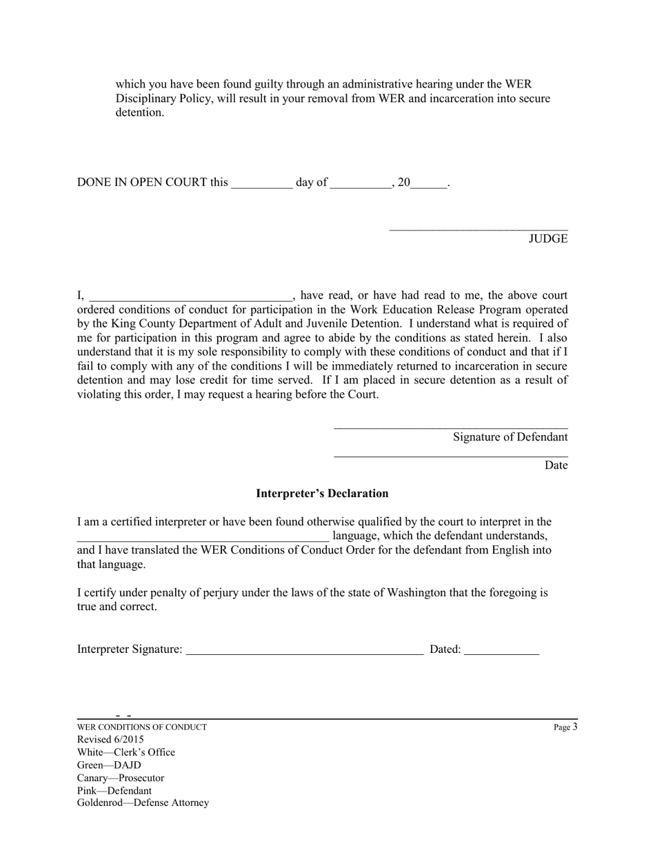 Conditions of Conduct for Persons Ordered by the King County Superior Court Into Work Education Release (Wer) (Orwr) - King County, Washington, Page 3