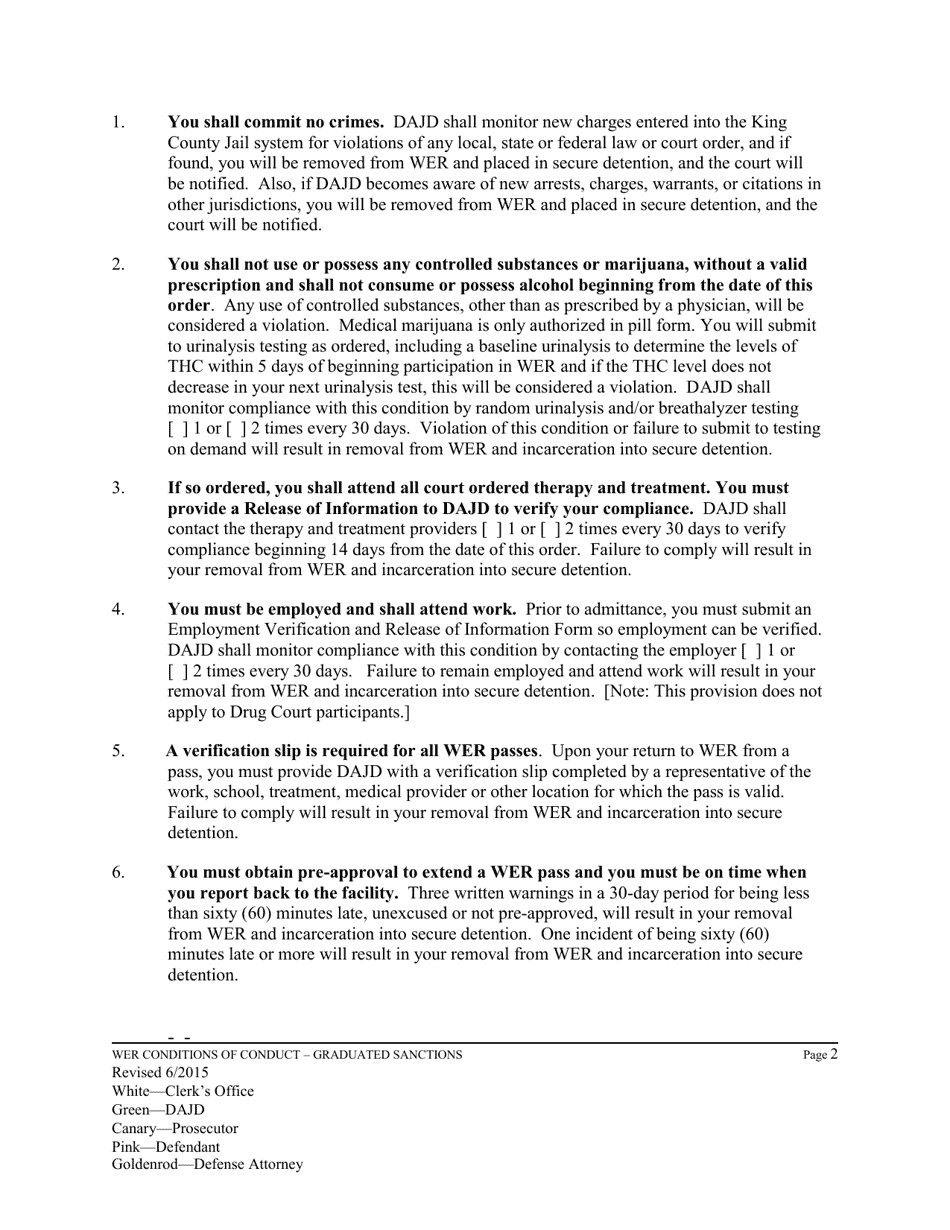 Conditions of Conduct for Persons Sentenced by the King County Superior Court Into Work Education Release (Wer) - Graduated Sanctions Sentenced Offenders Only (Orwr) - King County, Washington, Page 2