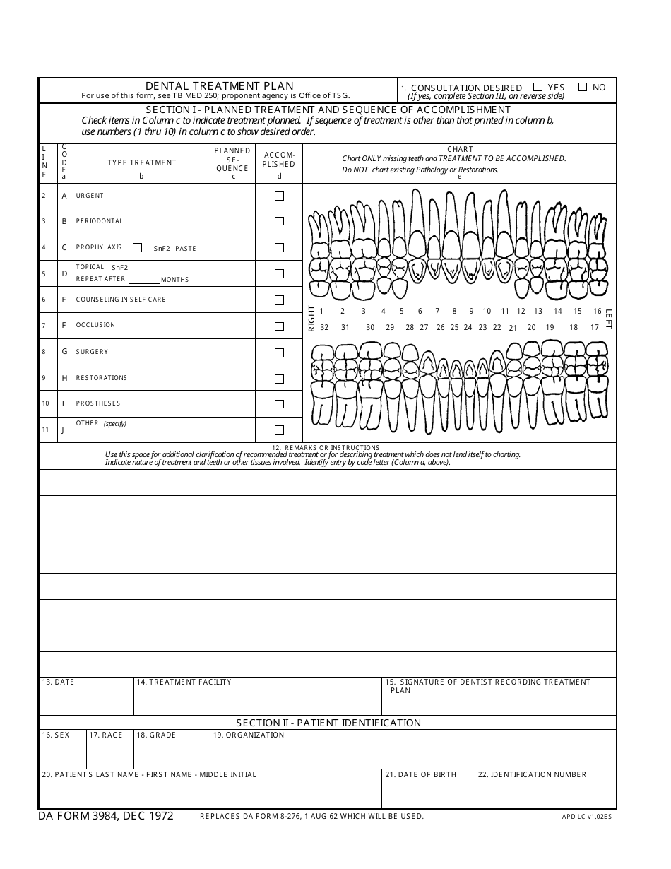 VA Form 3984 Dental Treatment Plan, Page 1
