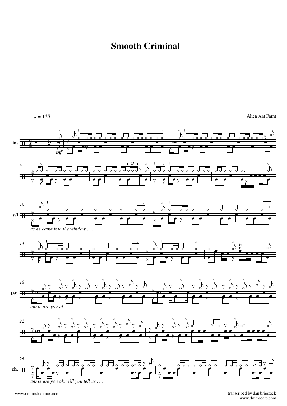 Alien Ant Farm - Smooth Criminal Drum Sheet Music - Preview Image