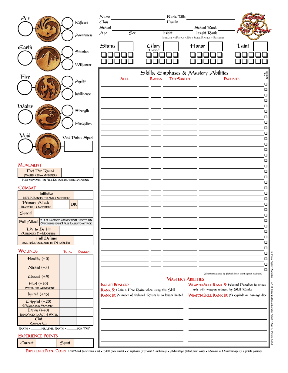 Legend of the Five Rings Third Edition Character Sheet Image Preview