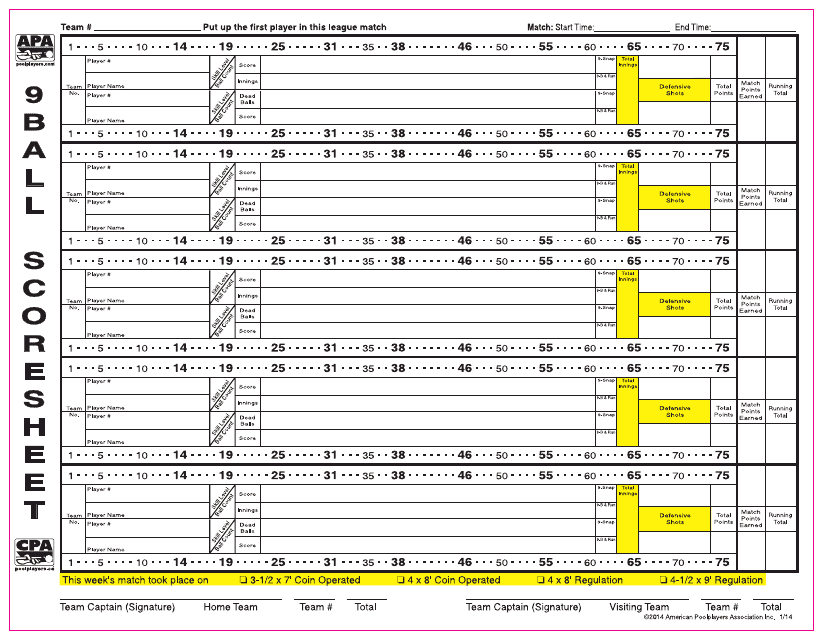 9 ball Score Sheet Apa Pink Border Download Printable PDF 
