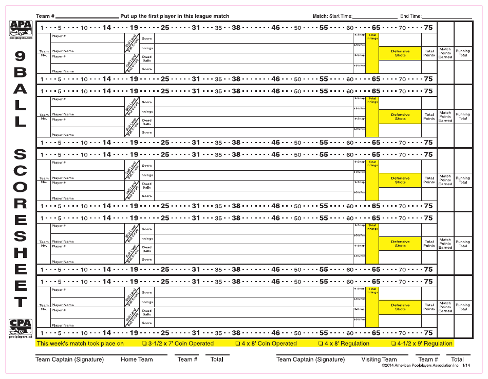 9 ball Score Sheet Apa Pink Border Download Printable PDF