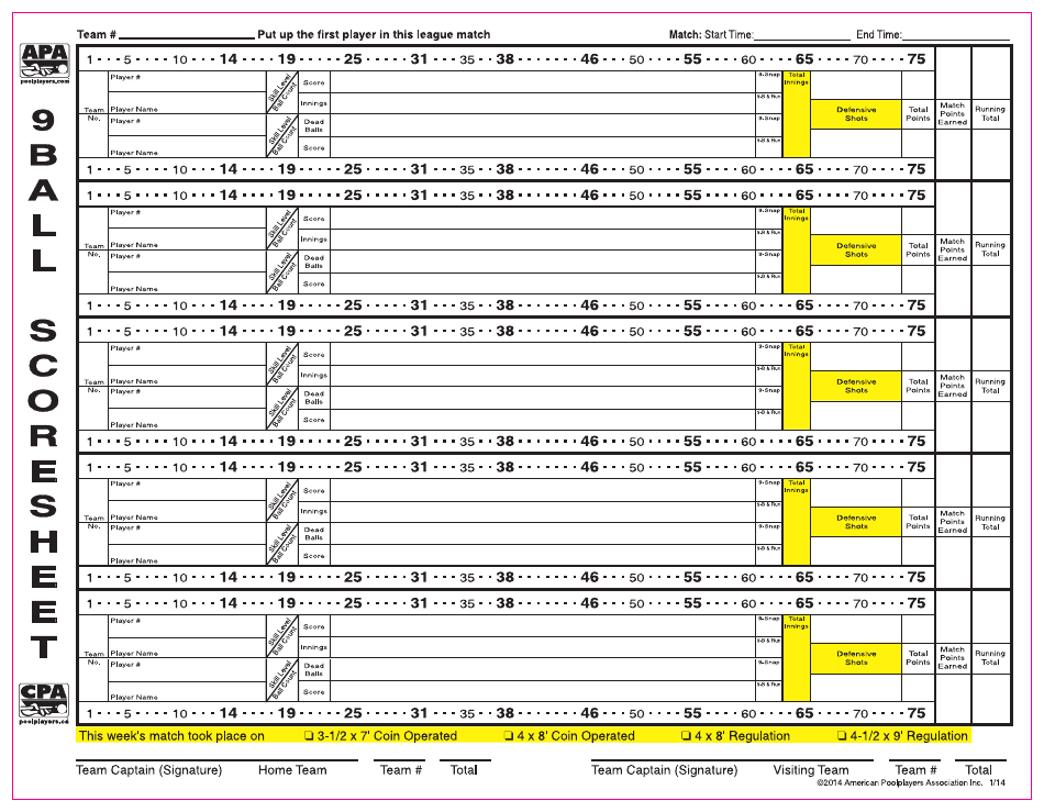 9-ball Score Sheet - APA - Pink Border