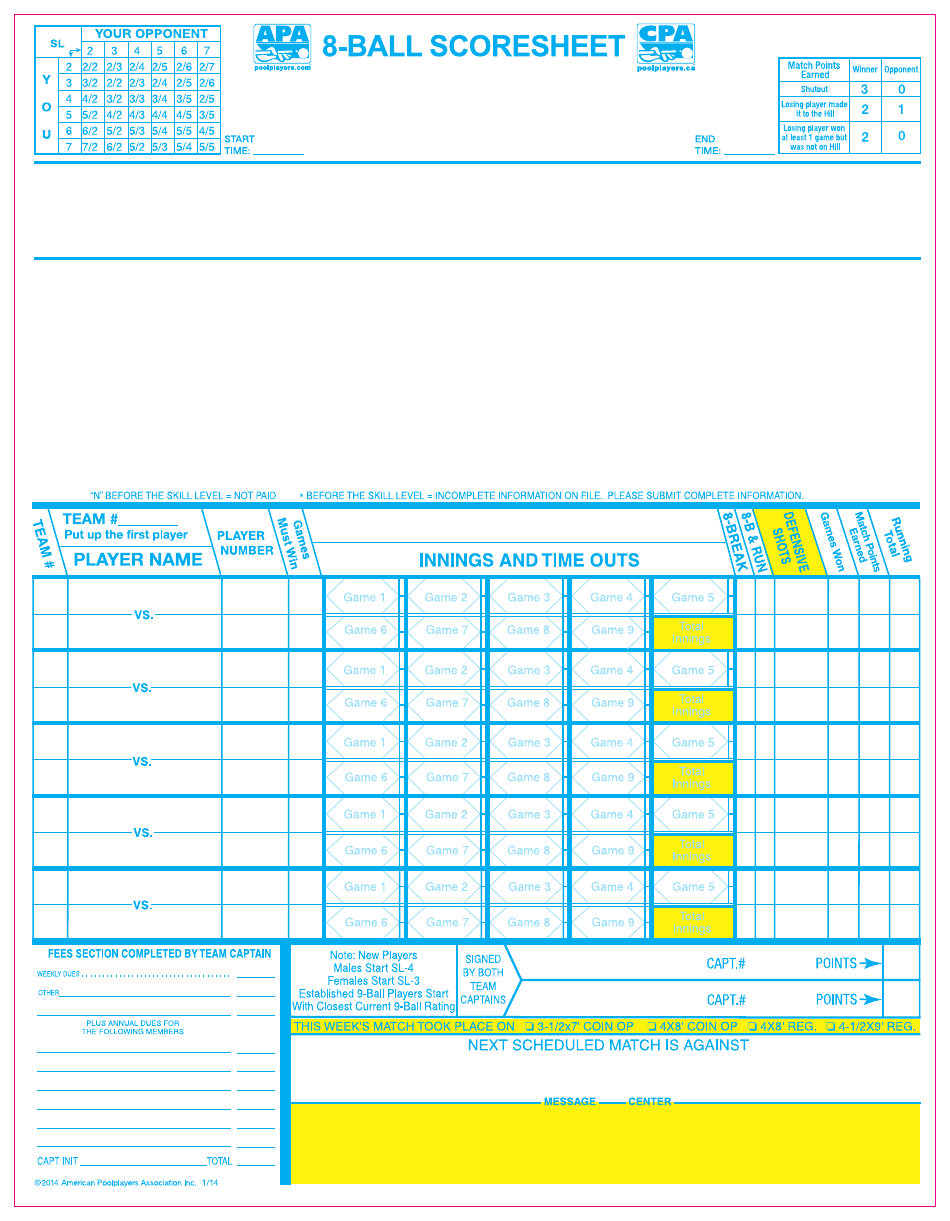 Sample 8-ball score sheet template for APA (American Poolplayers Association)";