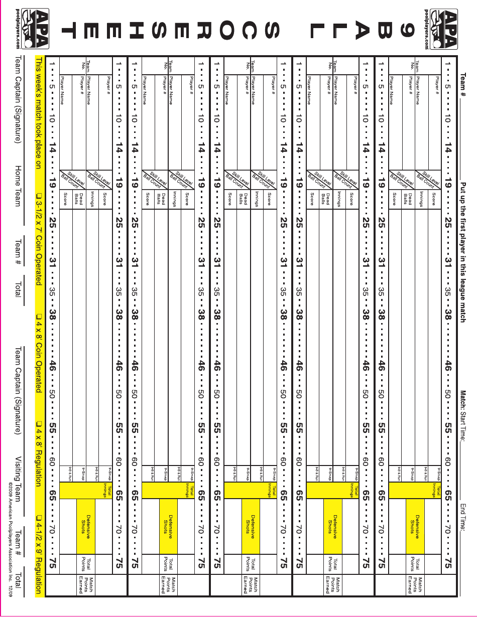 9-ball Score Sheet - Apa - Without Border Download Printable PDF