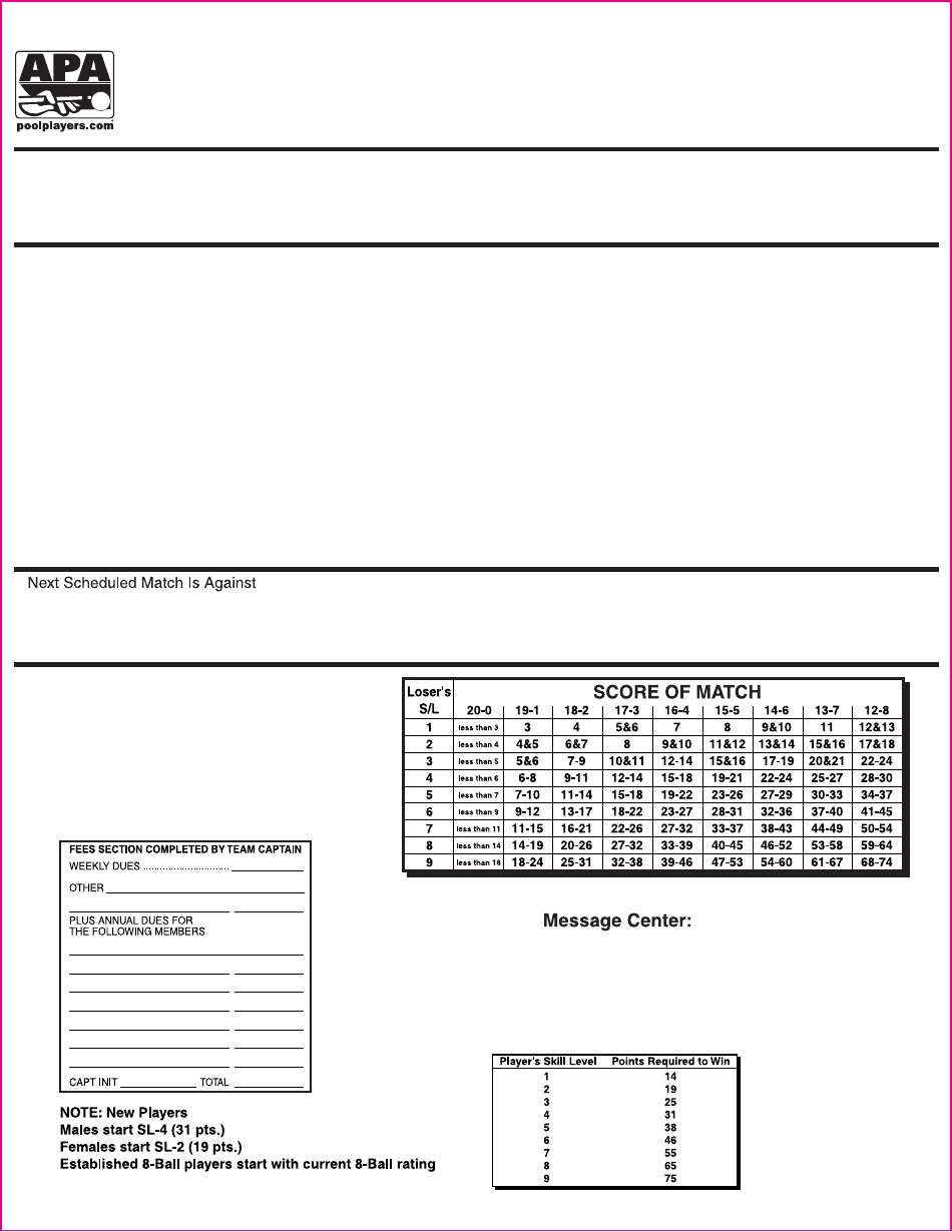 9ball Score Sheet Apa Without Border Download Printable PDF