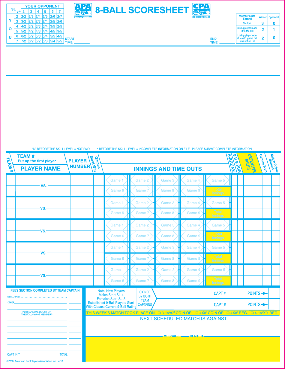 9 Ball Score Sheet Apa Download Printable Pdf Templateroller Images