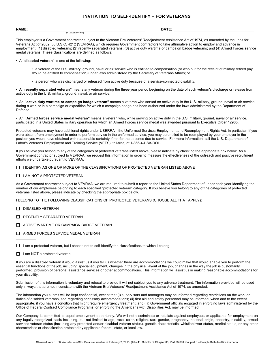 Invitation to Self-identify Form for Veterans, Page 1